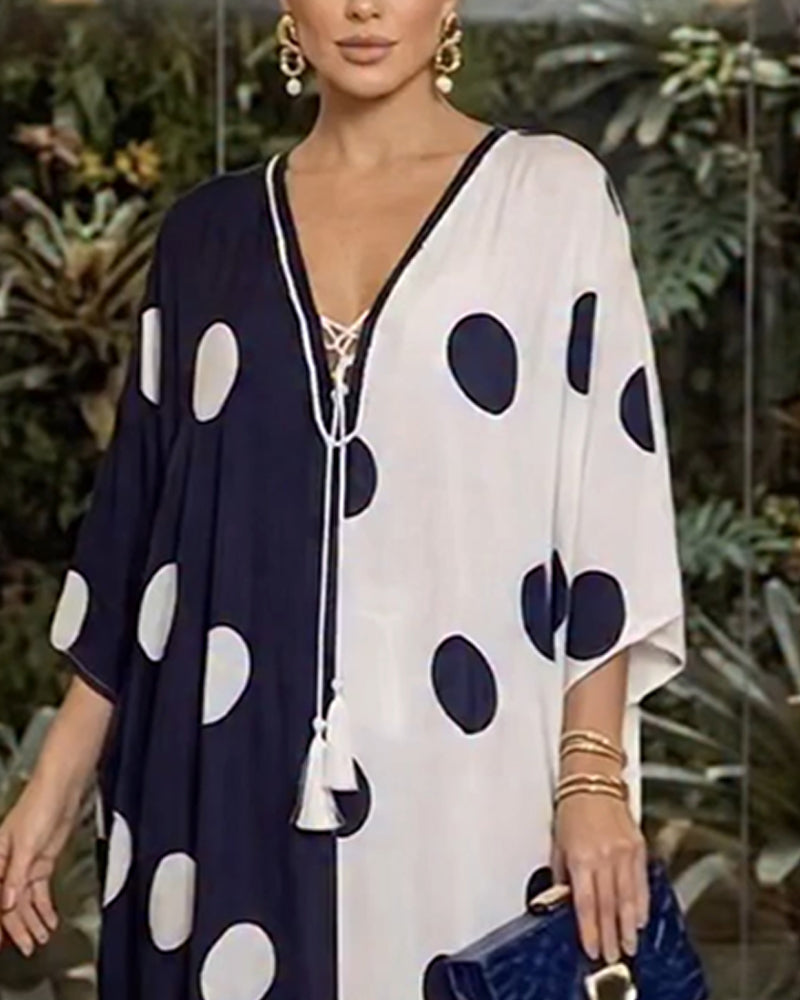 V-Neck Large Polka Dot Casual Dress