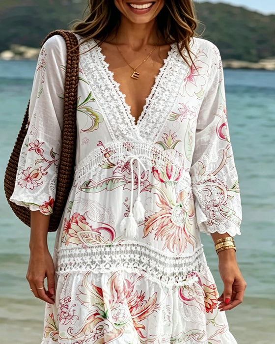 V-Neck Lace Tie Print Dress