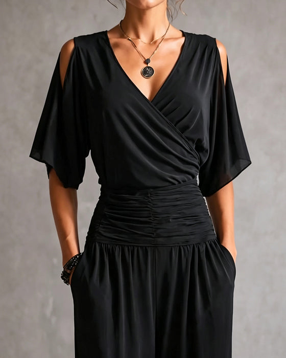V-Neck Crossover Cold Shoulder Waist Pocket Jumpsuit