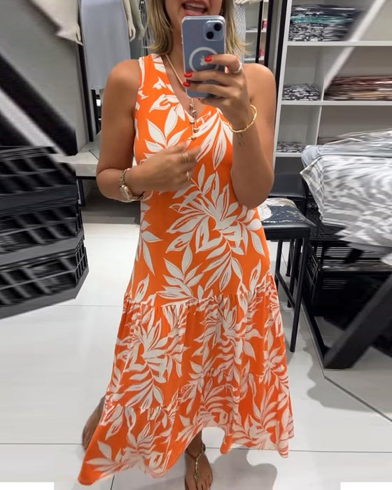 Casual sleeveless maple leaf print dress