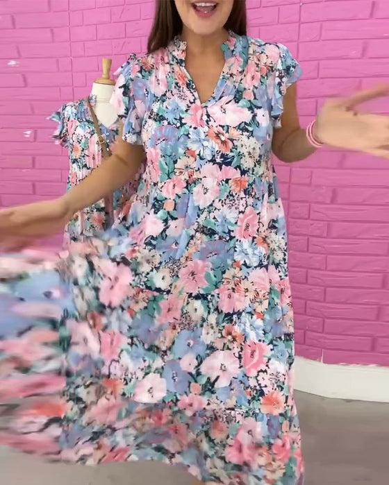 Floral print V-neck casual short-sleeved dress