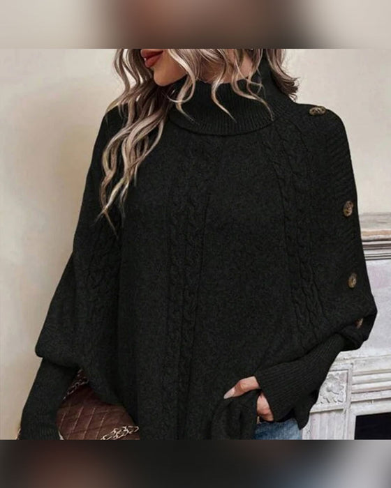 Turtleneck Irregular Cable Button Pullover