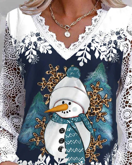 Lace snowman long-sleeve blouse