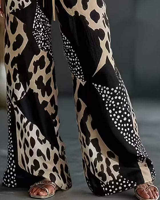 Leopard Print Polka Dot Wide-Leg Pants