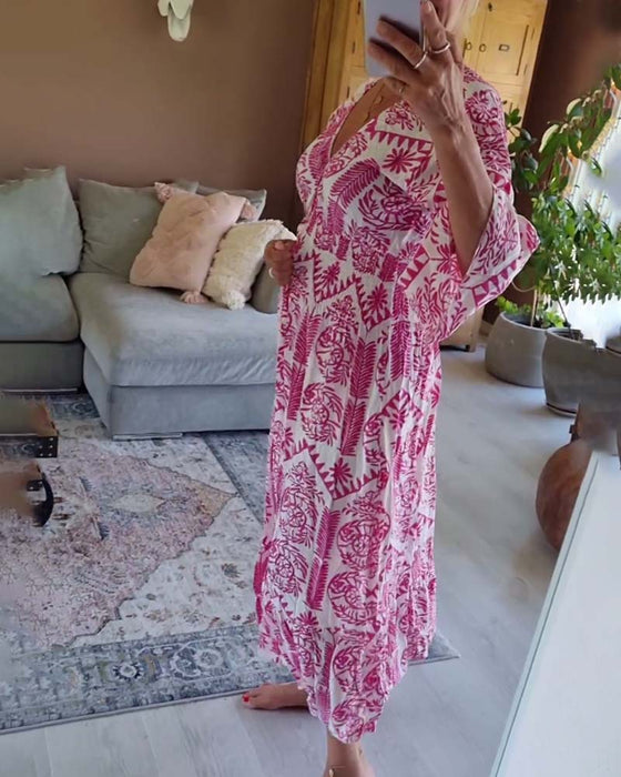 Elegant printed V-neck pleated bell-sleeve dress