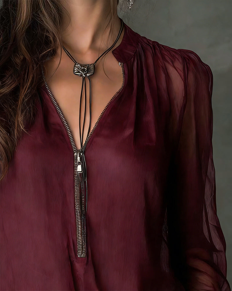 Half-Zip Mesh Long-Sleeve Blouse