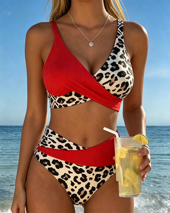 High Waist Leopard Color Block Bikini