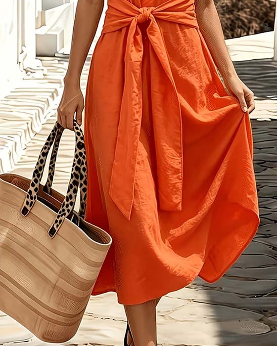 Circle Neck Solid Color Tie String Full Skirt Dress