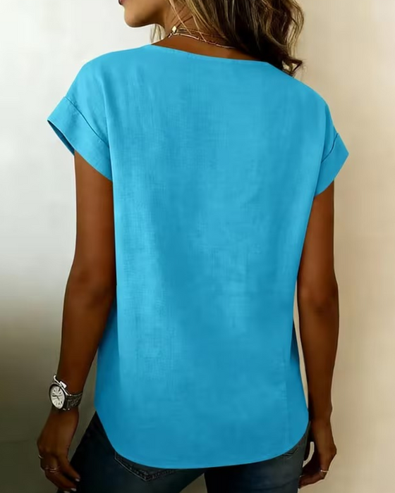 Solid Color Short-Sleeved V-Neck Blouse