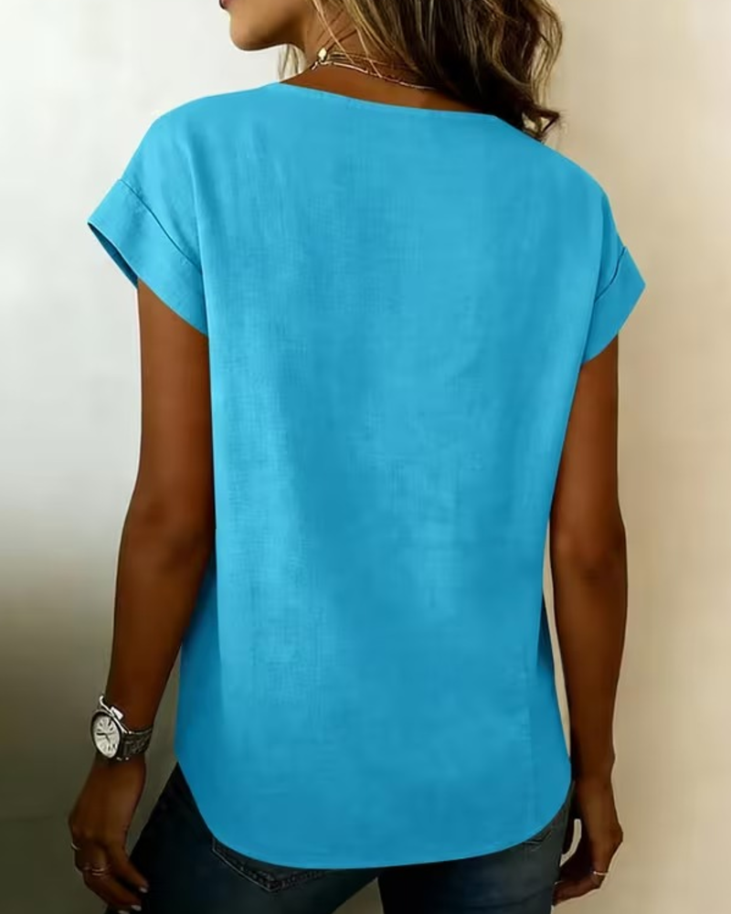 Solid Color Short-Sleeved V-Neck Blouse