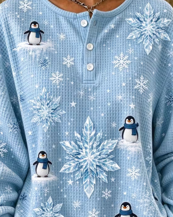 Penguin Snowflake Waffle Knit Henley Top
