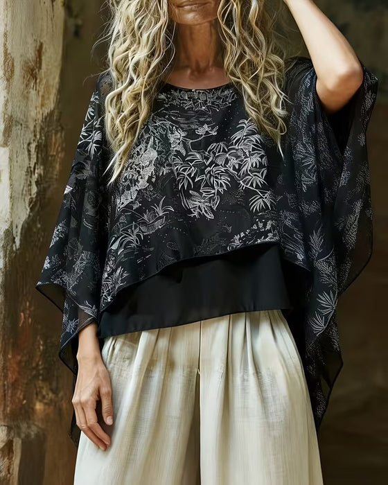 Botanical Print Batwing-Sleeve Blouse
