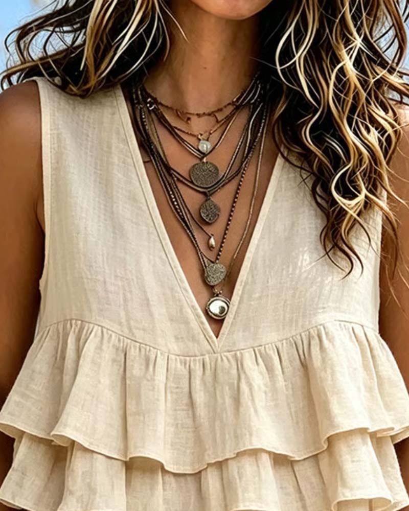 V-Neck Sleeveless Ruffled Solid Color Vest