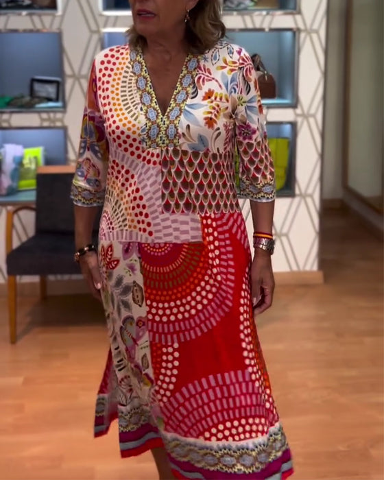 Ethnic Print V-Neck Elbow-Length Sleeve Dress