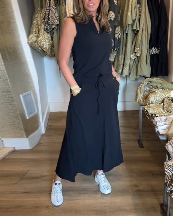 Pocket sleeveless solid color suit