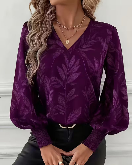 Leaf Pattern V-Neck Long-Sleeved Blouse