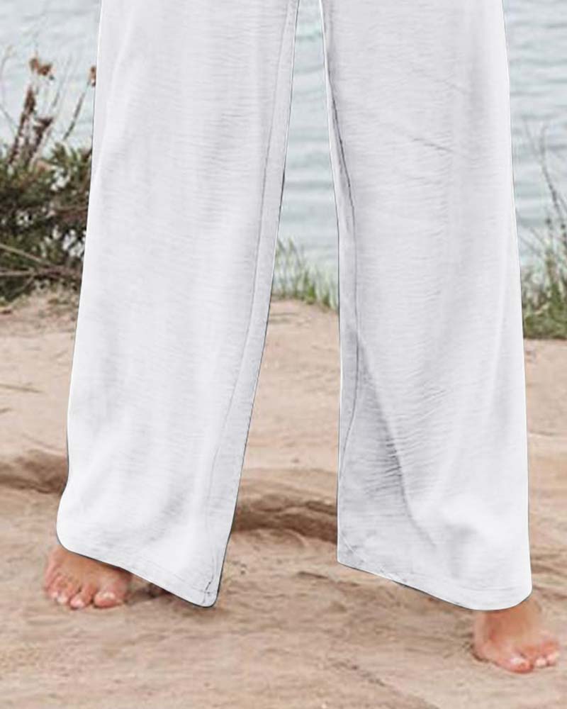 Button Elastic Waist Wide-Leg Pants