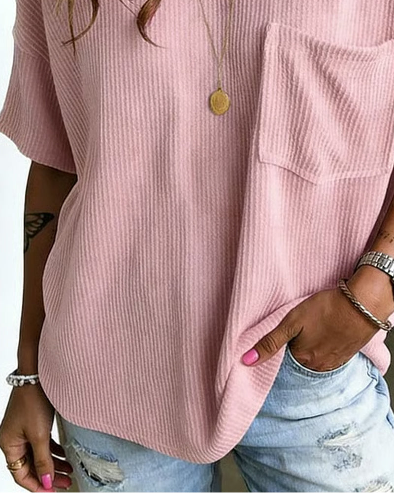 Ribbed V-Neck Pocket Short Sleeve T-Shirt