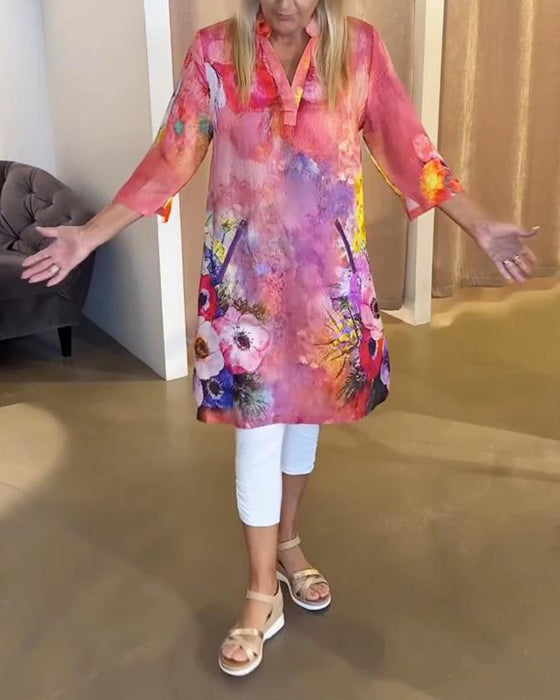 Stylish Stand-Collar Floral Print Dress