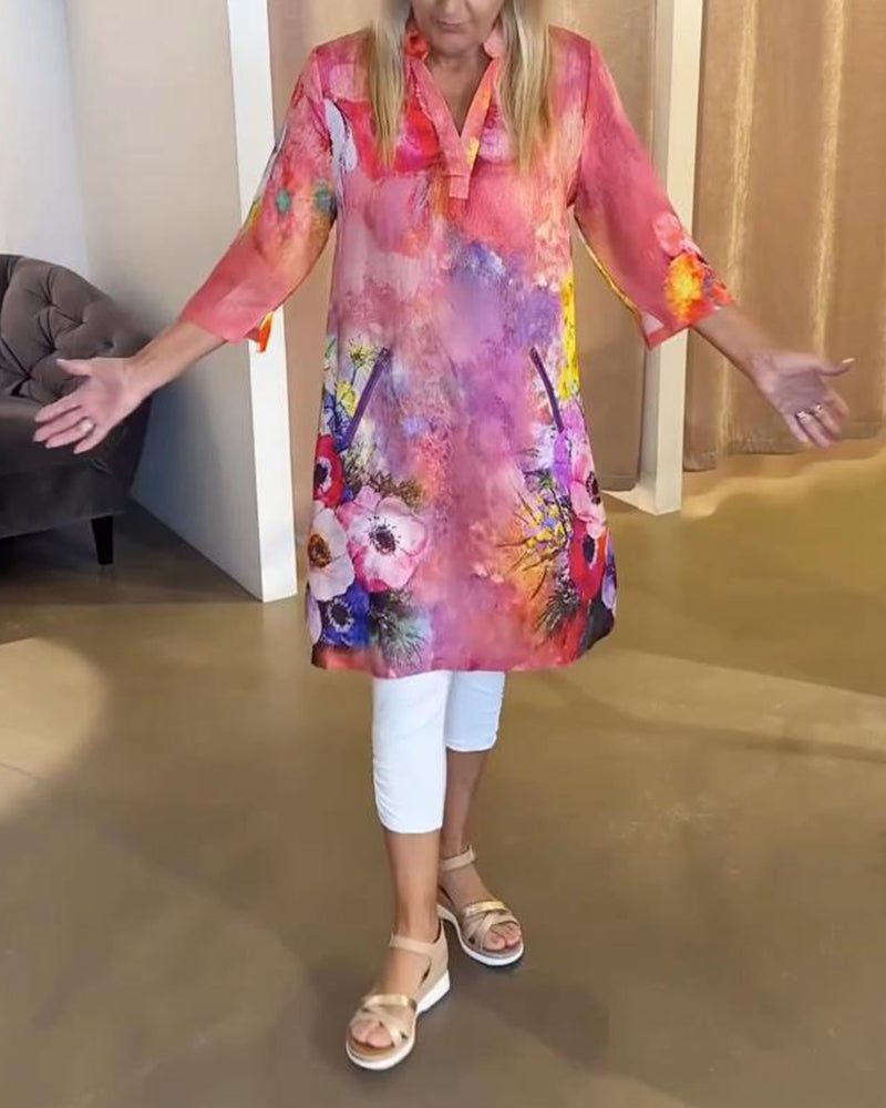 Stylish Stand-Collar Floral Print Dress