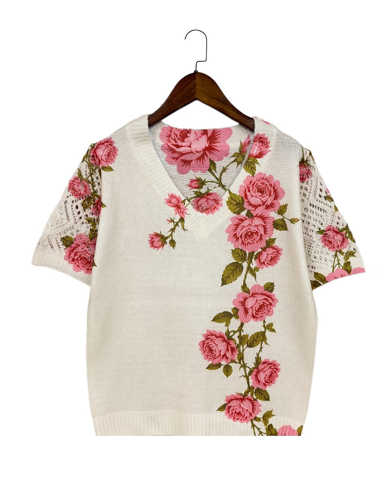 Printed Hollow V-Neck Pullover