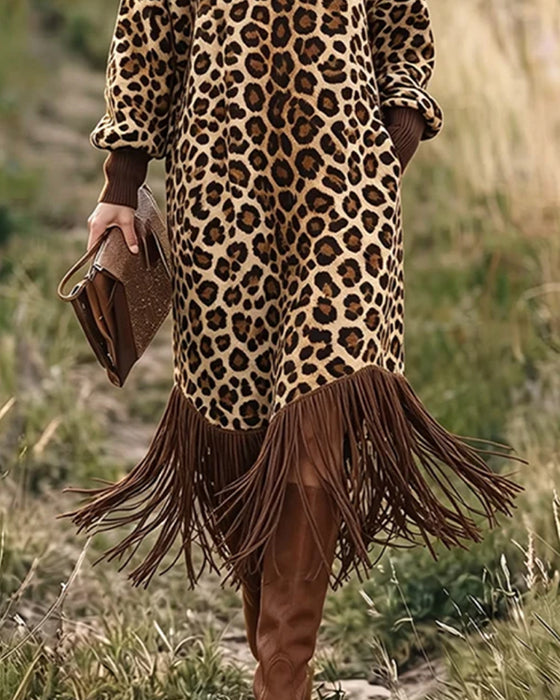 Leopard Print Fringed Lantern Sleeve Dress