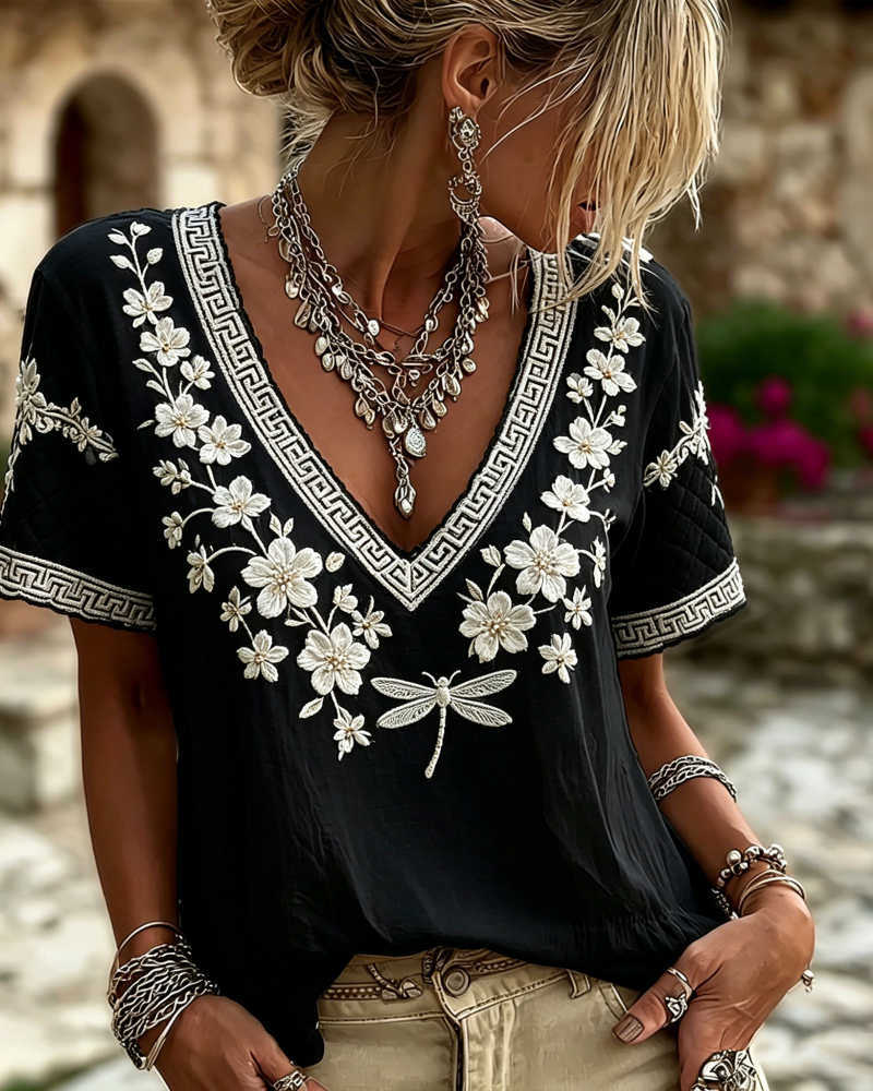 V-Neck Short-Sleeved Printed Blouse