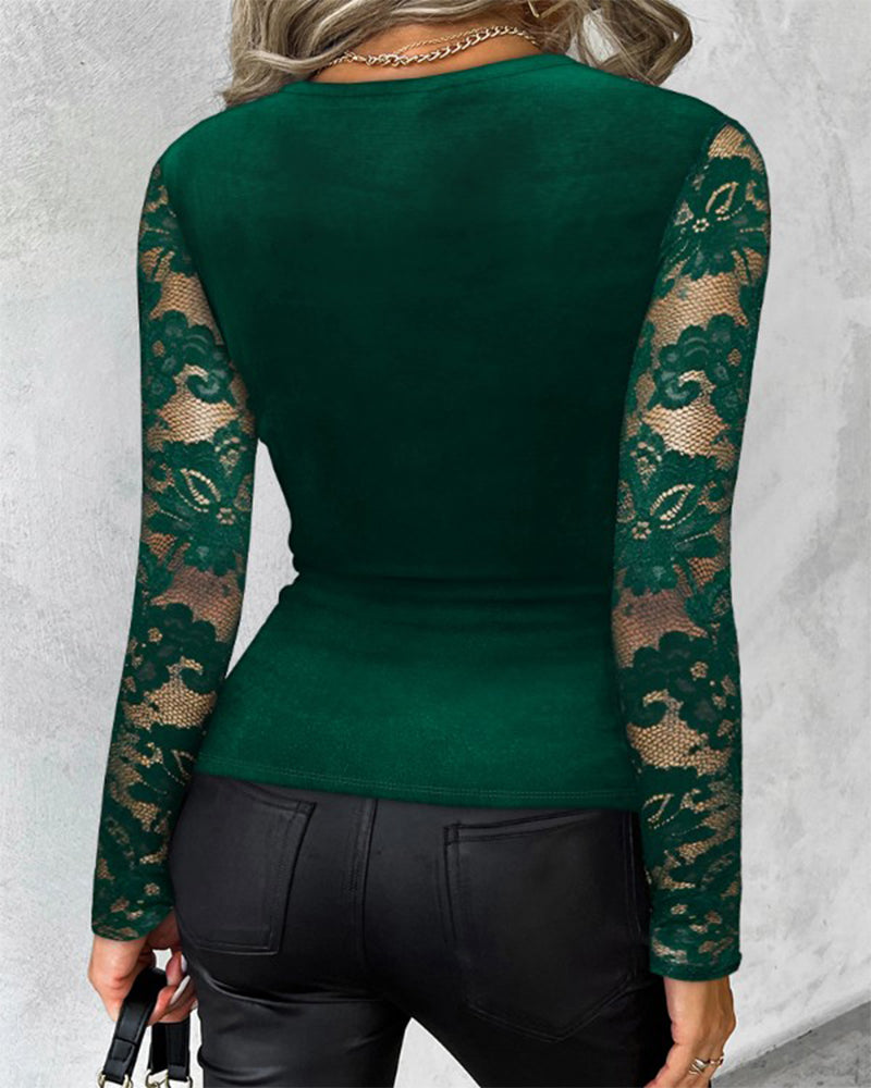 Sexy V-Neck Lace Long-Sleeve Top