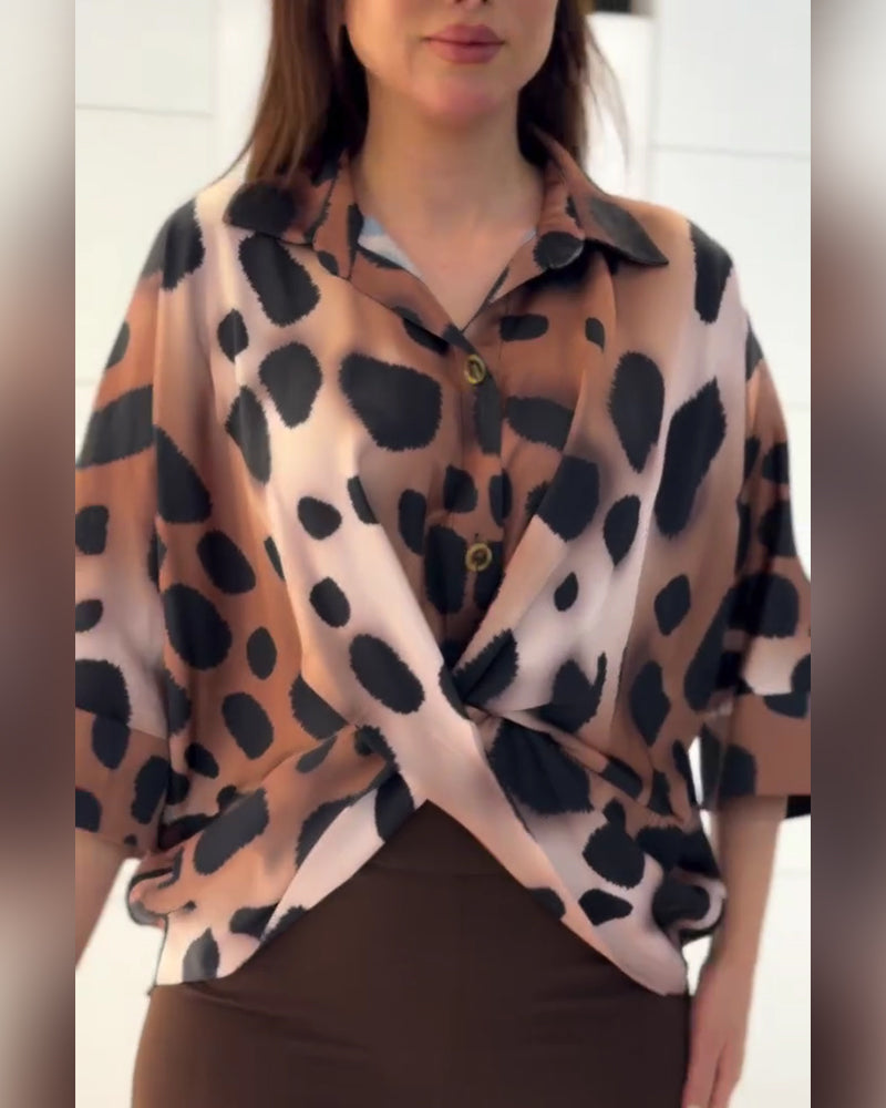 Twist Lapel Leopard Print Blouse