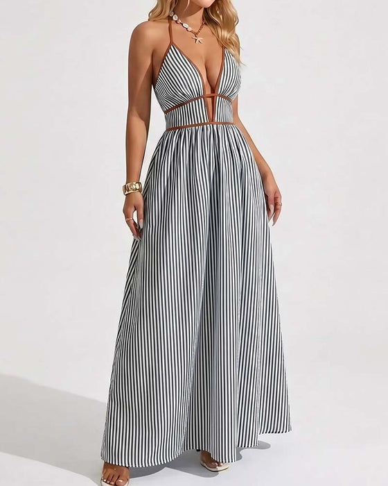 Deep V-Neck Spaghetti Strap Stripe Long Dresses