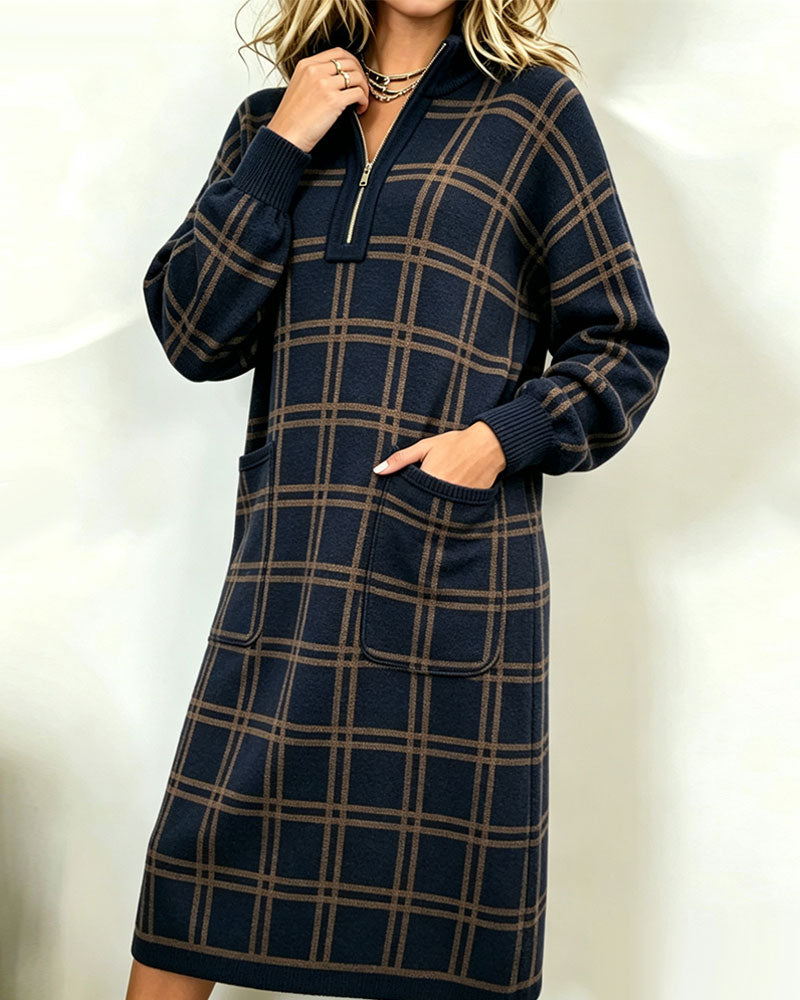 Zipped Plaid Pocket Dress