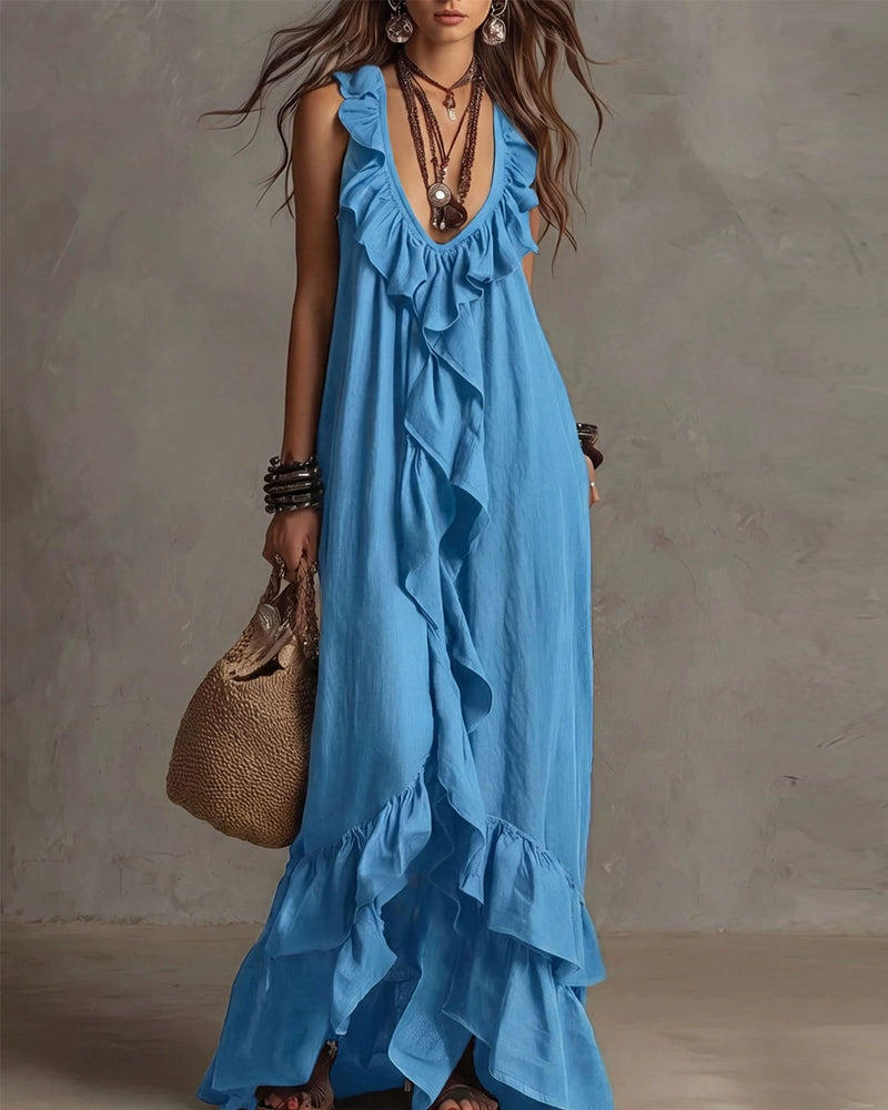 Deep V-Neck Vacation Flared Ruffle Maxi Dress