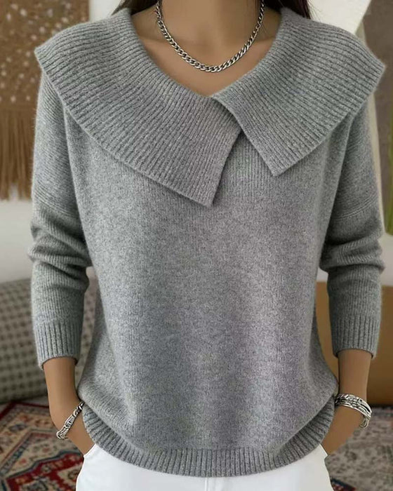 Lapel Solid Color Long Sleeve Pullover
