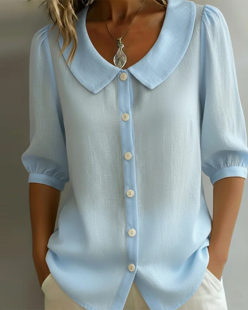 Cotton Mid-Sleeve Peter Pan Collar Shirt