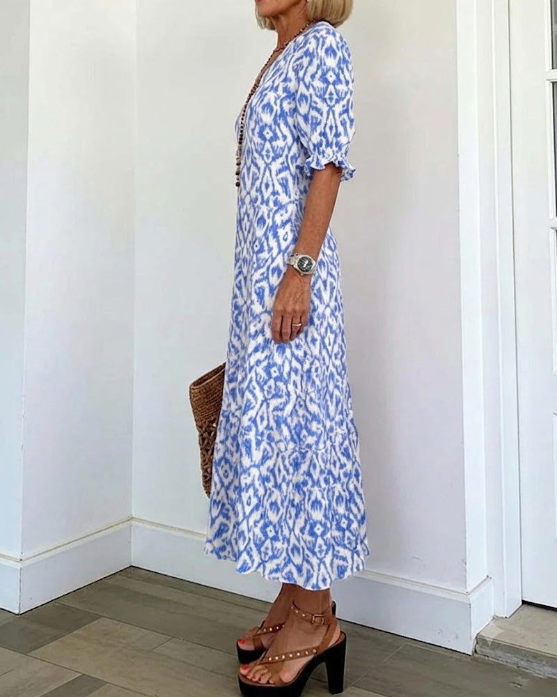 V-Neck Mid-Length Sleeve Ruffle A-Line Dress