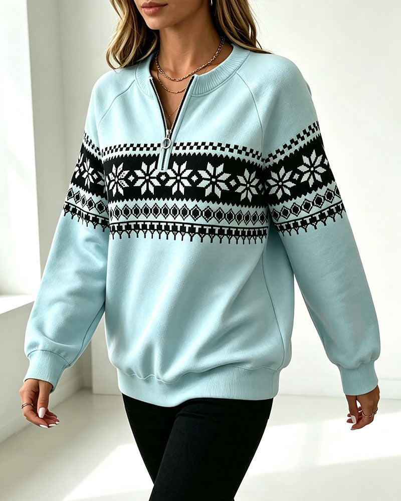 Snowflake Printed Half-Zip Sweatshirt