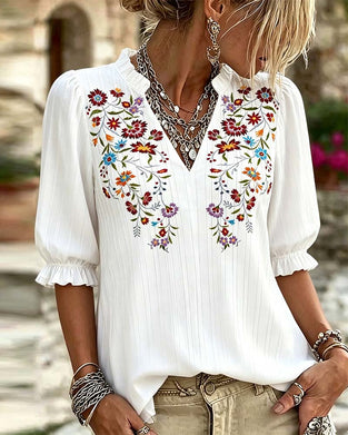 Ruffle Trim Print Casual Blouse