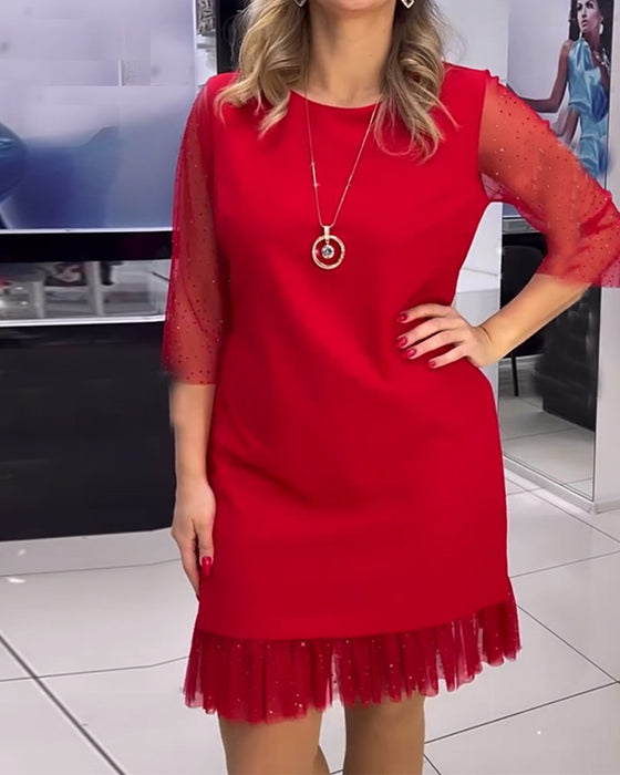 Solid color mesh stitching sequin dress
