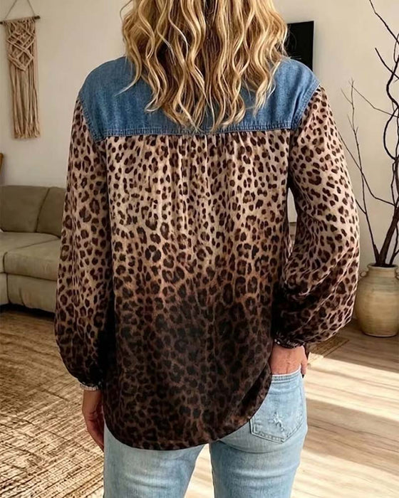 Denim Patchwork Leopard Print Long-Sleeved Top