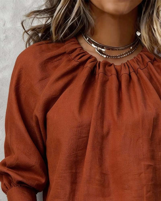 Solid Color Long-Sleeved Crew Neck Blouse