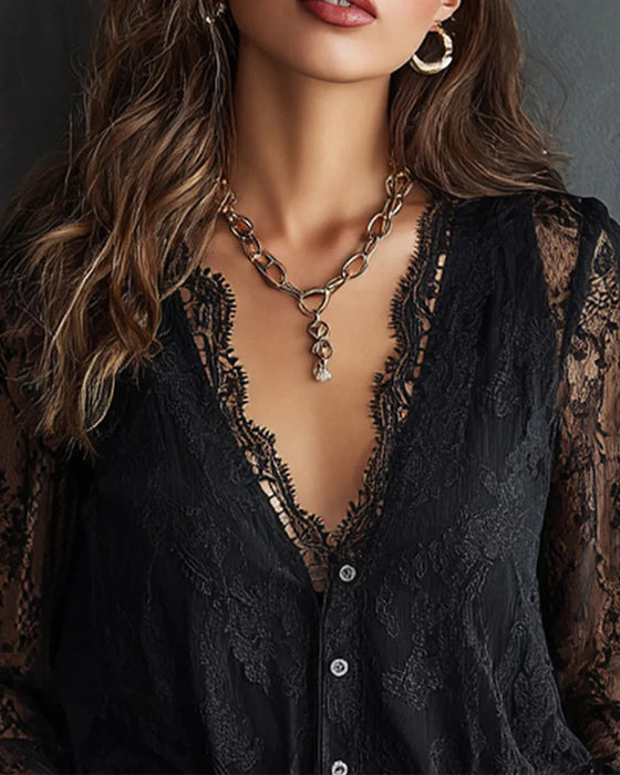Lace V-Neck Long-Sleeved Blouse