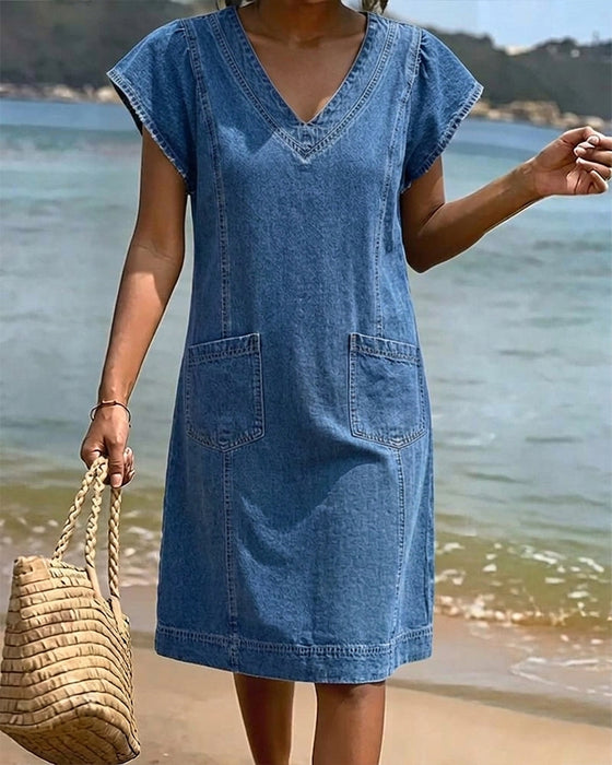 V Neck Solid Short Sleeve Sheath Dress