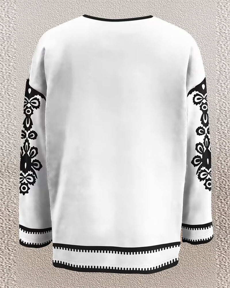 Color-Blocked V-Neck Patterned Long-Sleeved Top