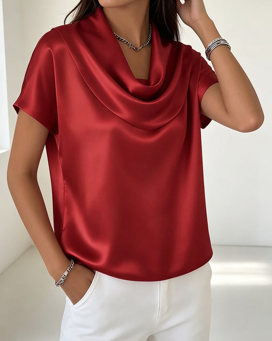 Solid Draped Collar Blouse