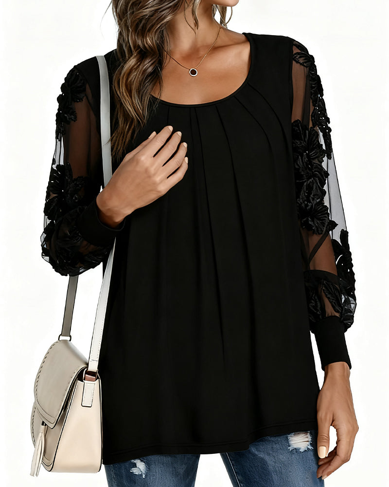 Long-Sleeved Patchwork Pleated Blouse