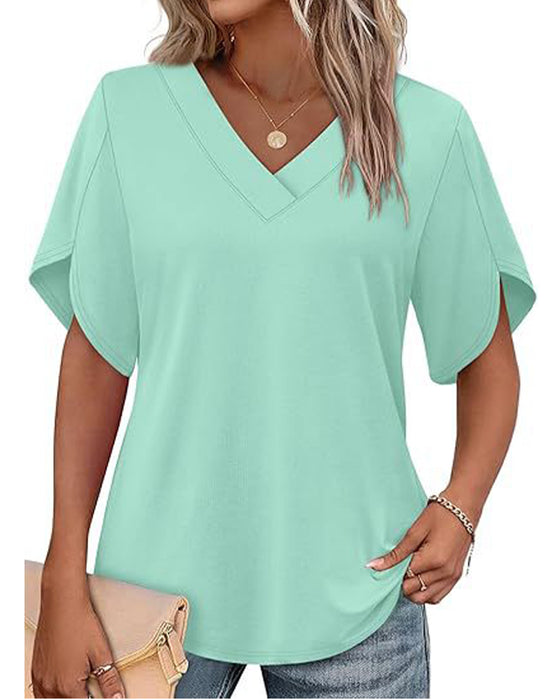 V-Neck Small Slit Short Sleeve Solid T-Shirt