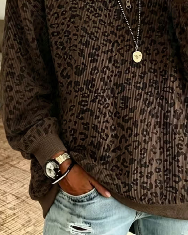 Half-Zip Leopard Pullover Sweatshirt