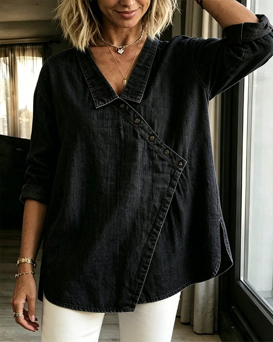 Solid Diagonal Button Lapel Long Sleeve Blouse
