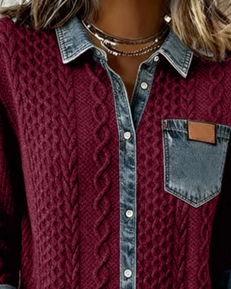 Long-Sleeved Denim Patchwork Shirt