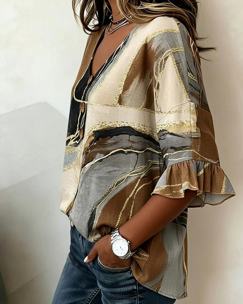 V-Neck Button Flare Sleeve Blouse